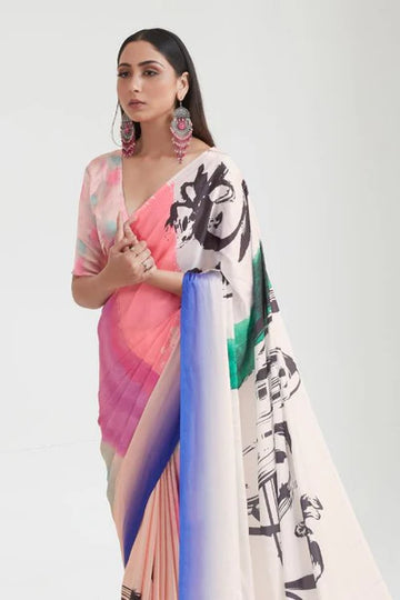 Cream And Pink Satin Crepe Saree