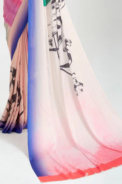 Cream And Pink Satin Crepe Saree