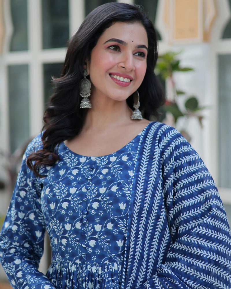 Blue color printed pure cotton three piece kurti suit