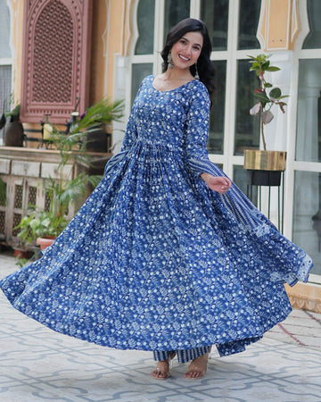 Blue color printed pure cotton three piece kurti suit