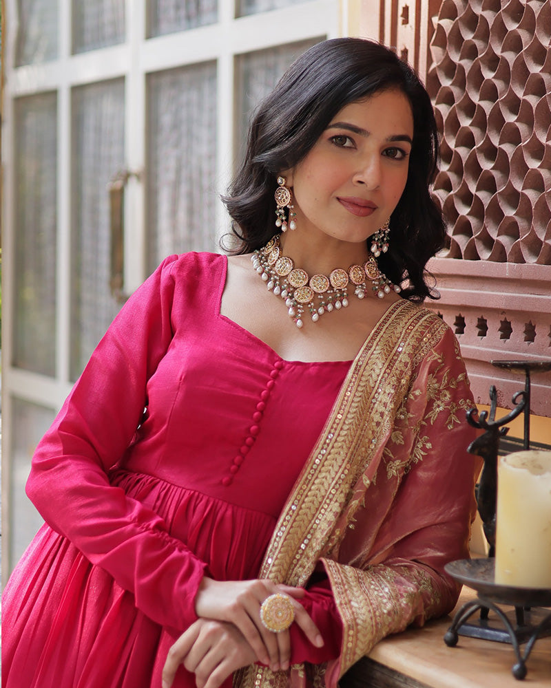 Beautiful rani pink color shimmer gown with embroidered dupatta