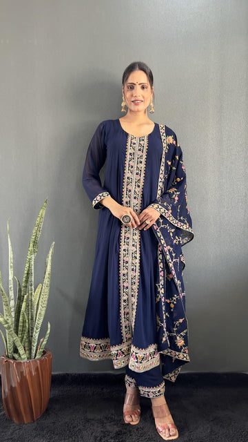 Stunning Vichitra Anarkali Set featuring exquisite embroidery work.