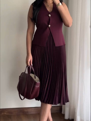 Wine Pleated Summer Dress