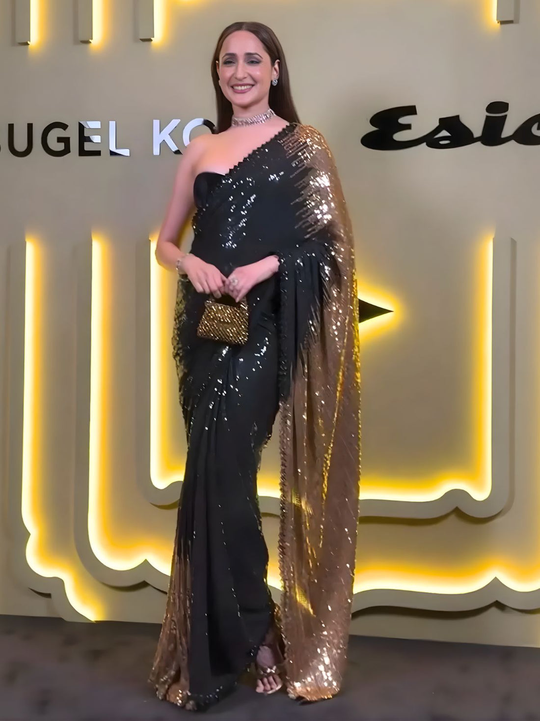 Pragya Inspired Black and Gold Sequin Saree