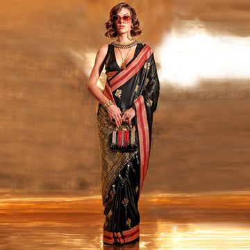 Black Banarasi Pure Satin Handloom Weaving Saree