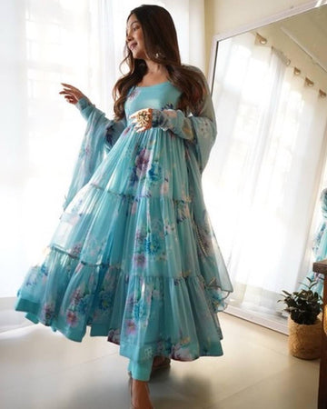 Chic Blue Printed Gown With Dupatta