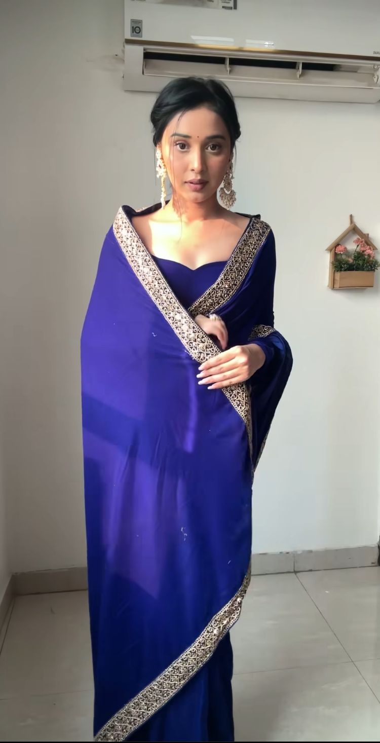 Magnificent Blue Velvet Ready To Wear Saree