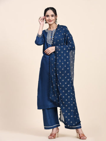 This elegant Designer Kurta Suit Set in a beautiful Rama color