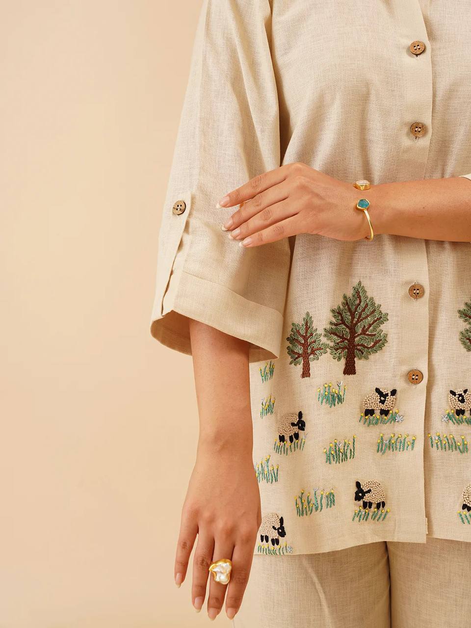 Embroidery Top and Palazzo Co-Ord Set in White Rayon