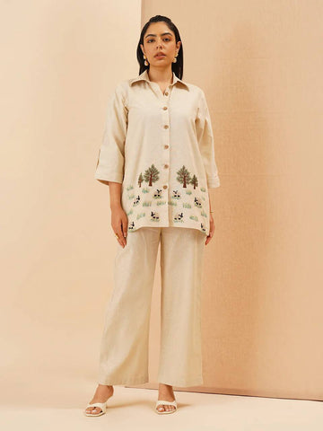 Embroidery Top and Palazzo Co-Ord Set in White Rayon