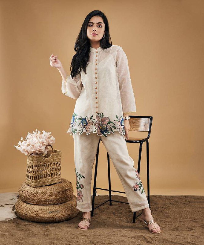 Embroidery Top and Palazzo Co-Ord Set in White Jimmy Choo Fabric