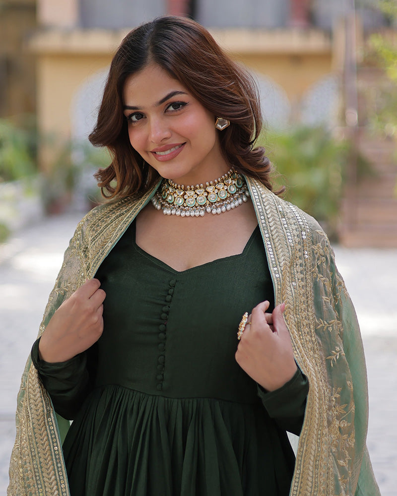 Beautiful mehndi color shimmer gown with embroidered dupatta