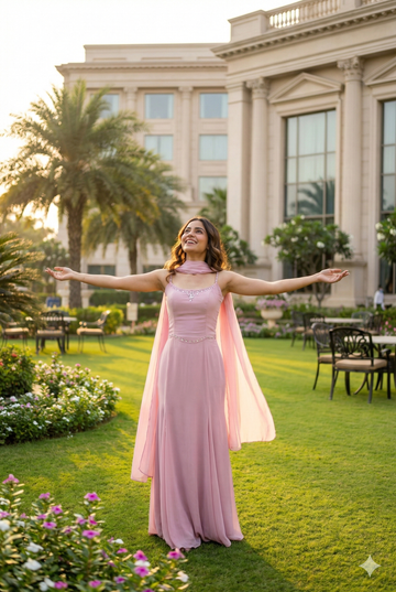 Pearl-Detail Pink Aura Evening Gown