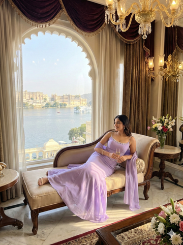 Pearl-Detail Lavender Aura Evening Gown