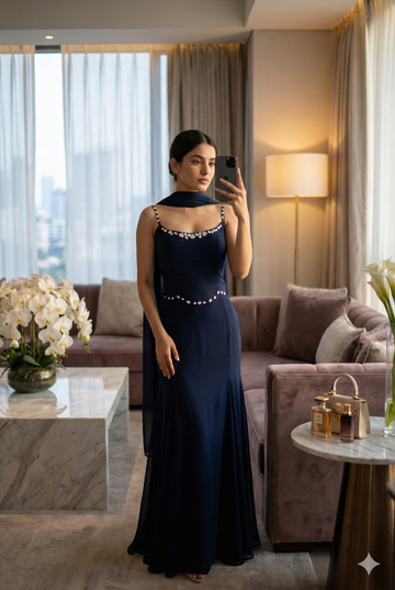 Pearl-Detail Navy Blue Evening Gown