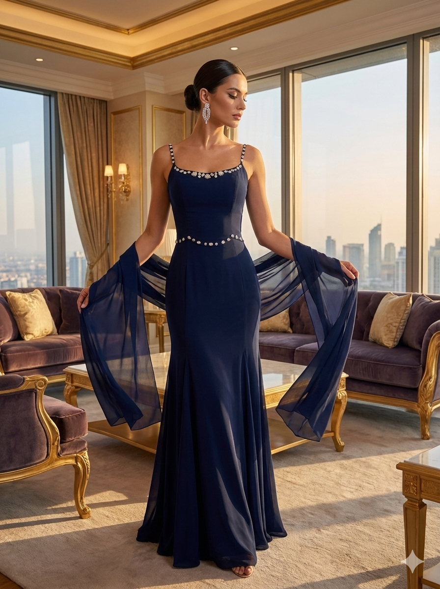 Pearl-Detail Navy Blue Evening Gown