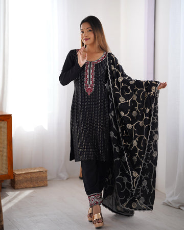 Black Color Chinon Silk Three Piece Kurti Suit