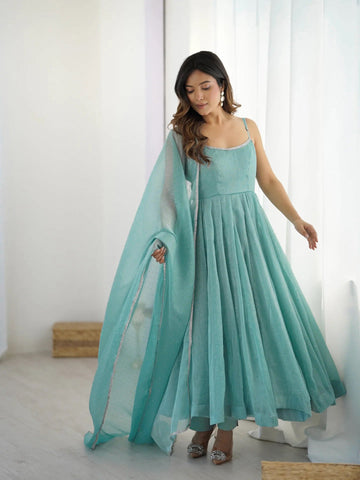 Sky Blue Color Crunchy Silk Three Piece Anarkali Suit