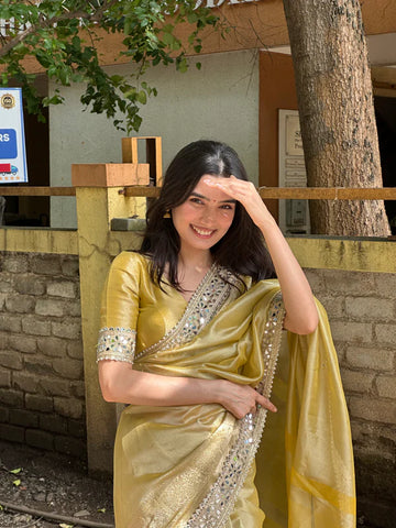 Yellow Gold Banarasi Rajkumari Mirror Work Tissue Silk Saree