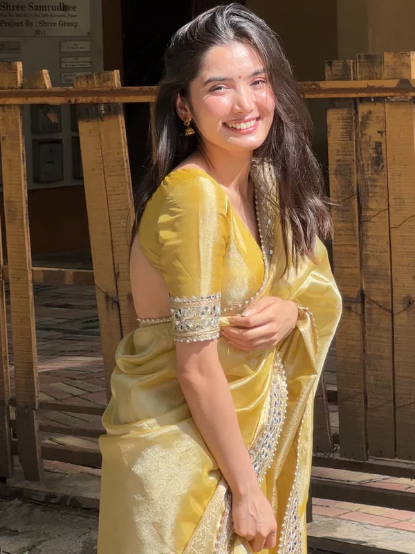 Yellow Gold Banarasi Rajkumari Mirror Work Tissue Silk Saree