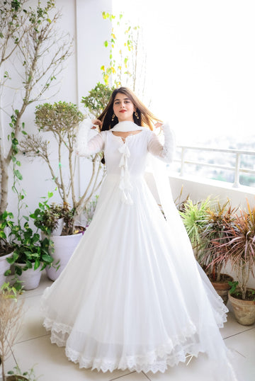 Glorious White Color Lace Work Lovely Long Gown