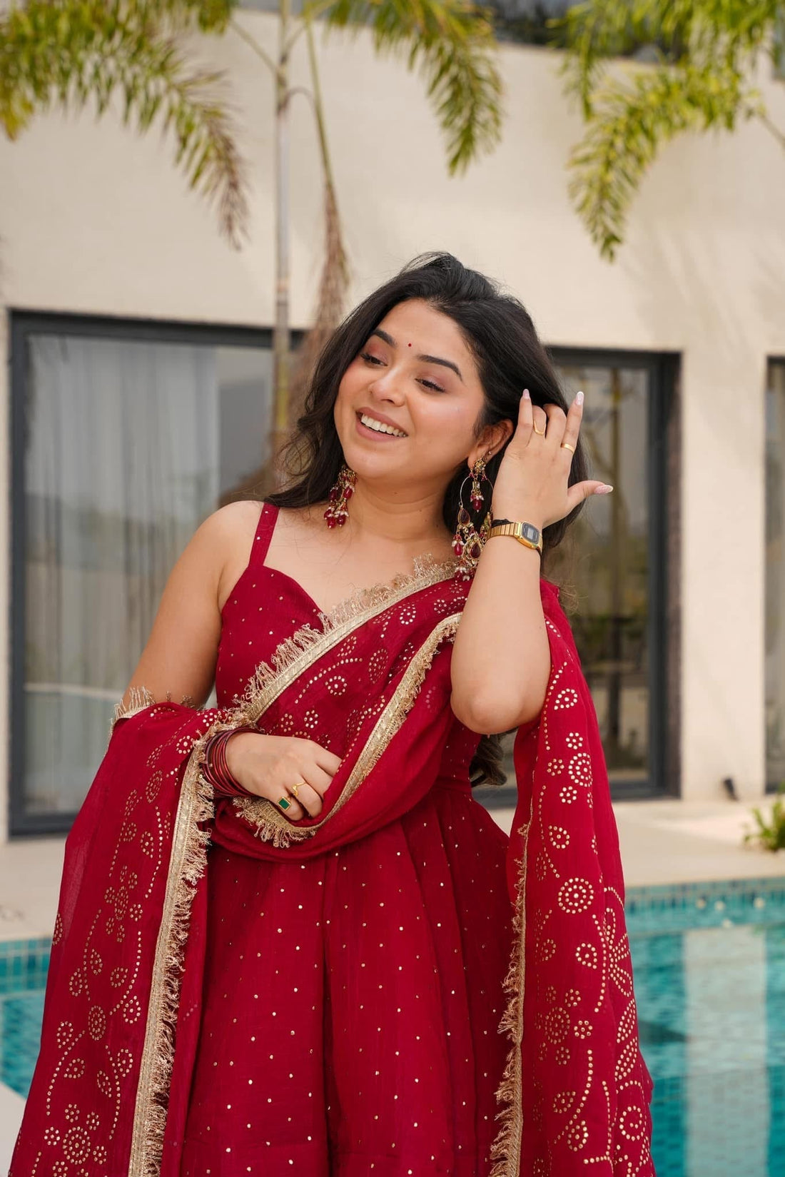 Amazing Organza Mukesh Work Red Color Palazzo Suit