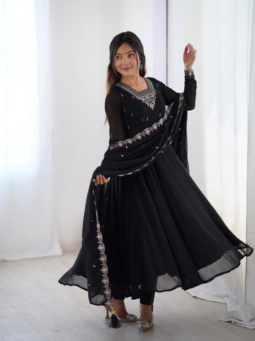Black Color Georgette Embroidered Three Piece Anarkali Suit