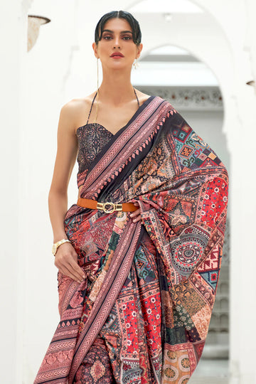 Lemonade Pink And Black Digital Print Satin Saree