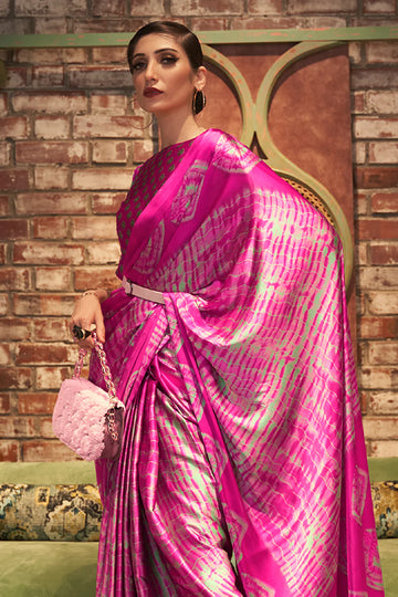 Cerise Pink Satin Silk Saree