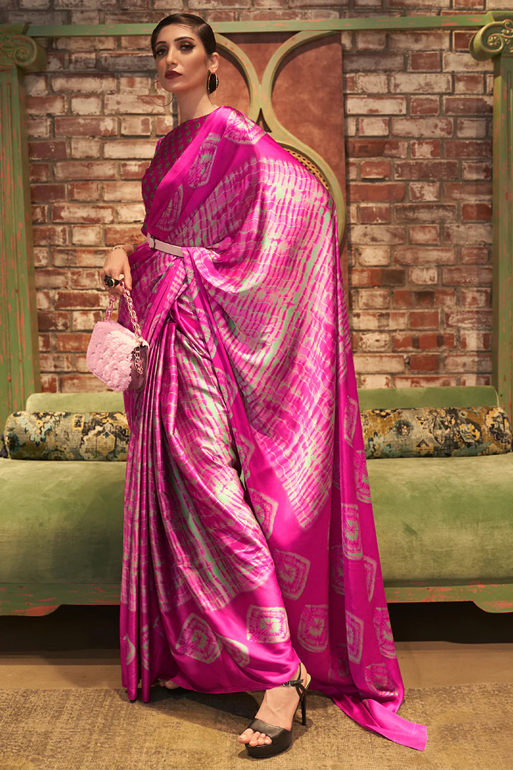 Cerise Pink Satin Silk Saree