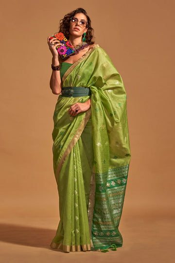 Parrot Green Banarasi Silk Saree