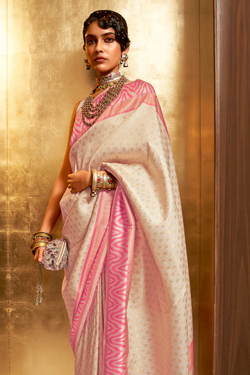 White And Pink Kanjivaram Saree