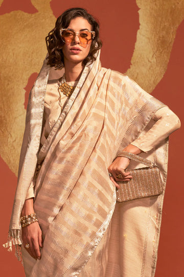 Cream Banarasi Silk Viscose Saree With Blouse Piec