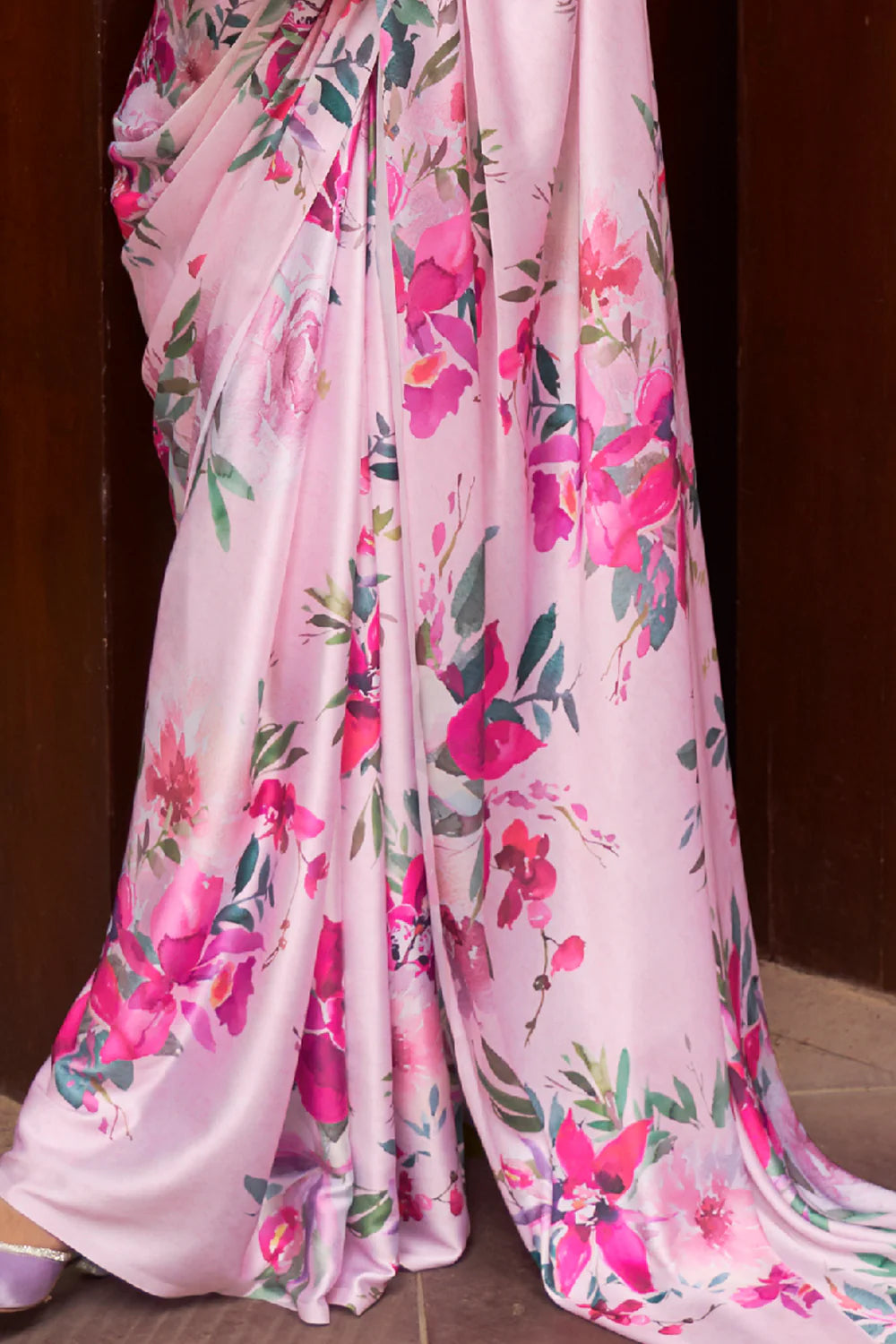Blush Pink Satin Crepe Saree