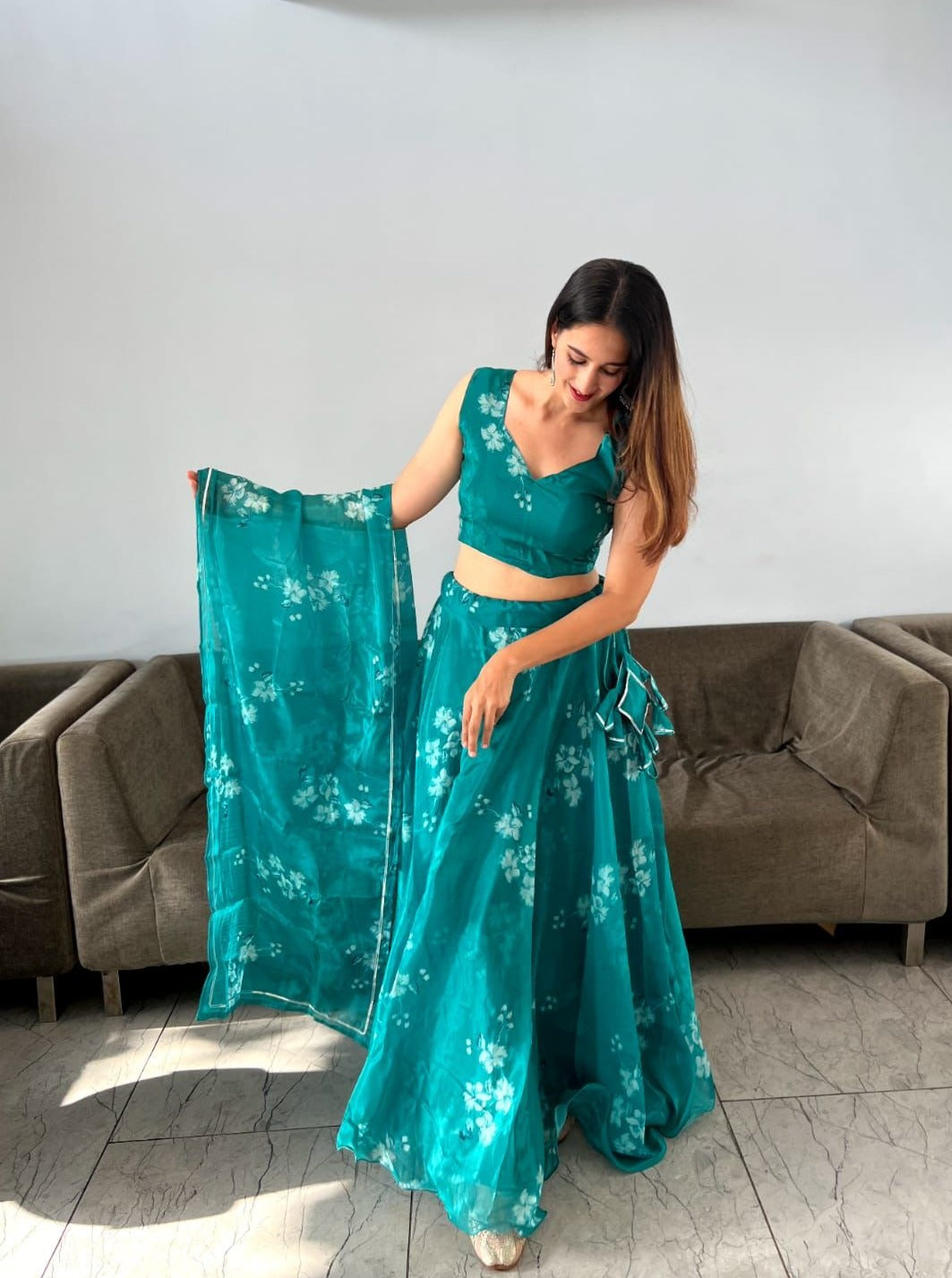 Amazing Digital Print Aqua Green Organza Silk Lehenga Choli