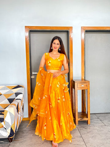 Amazing Digital Print Mustard Organza Silk Lehenga Choli