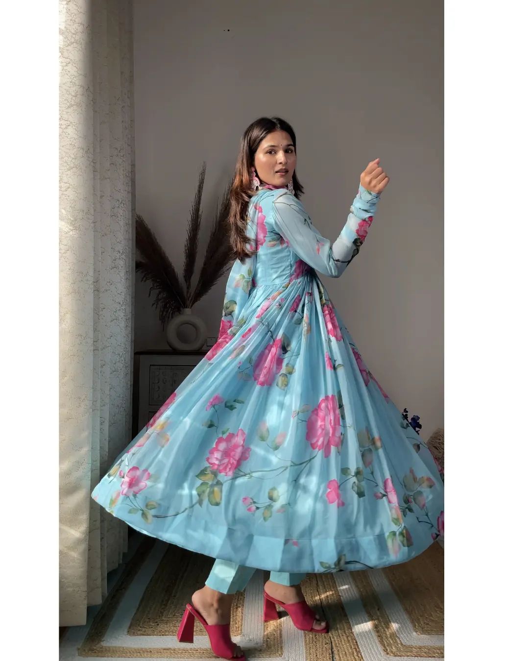 Aniska Sky Blue Floral Print Anarkali Suit