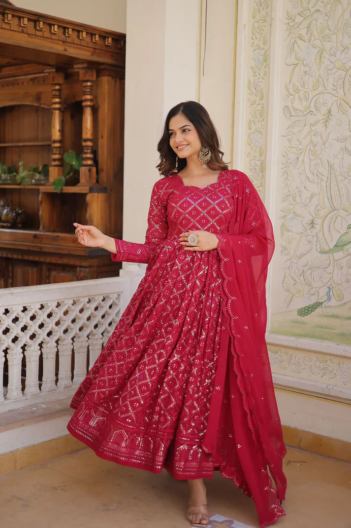 Attractive Pink Color Heavy Embroidered Work Gown With Dupatta