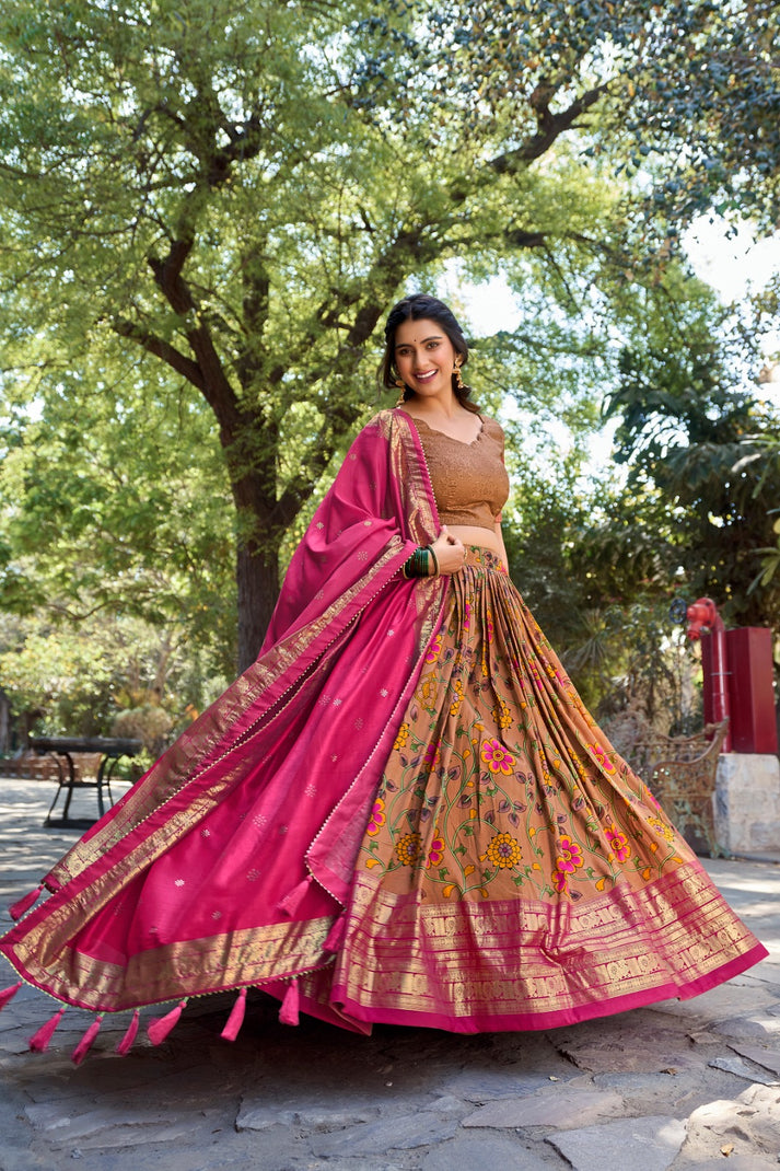 Captivating Kalamkari Print Mustard Color Wedding Lehenga Choli