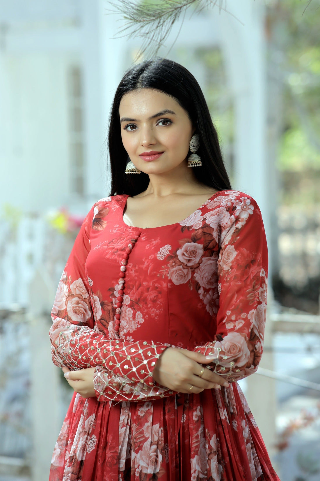 Designer Faux Georgette Floral Printed Gown with Zari &amp; Sequins Embroidery