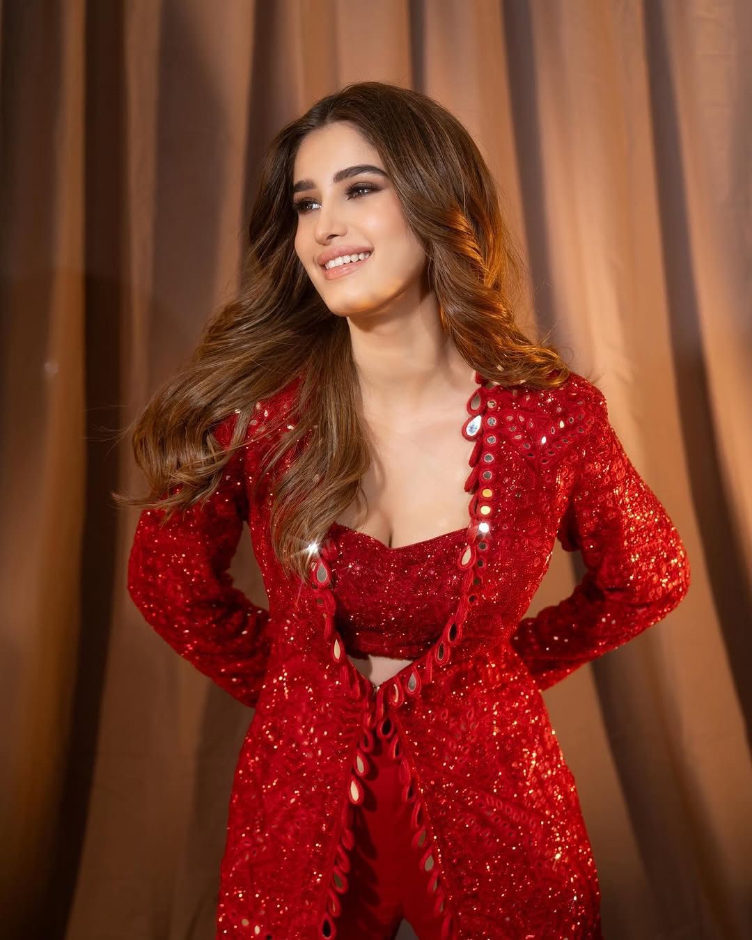 Red Georgette Aura Three Piece Jacket Set