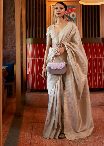 Linen White Zari Woven Pure Handloom Banarasi Silk Saree