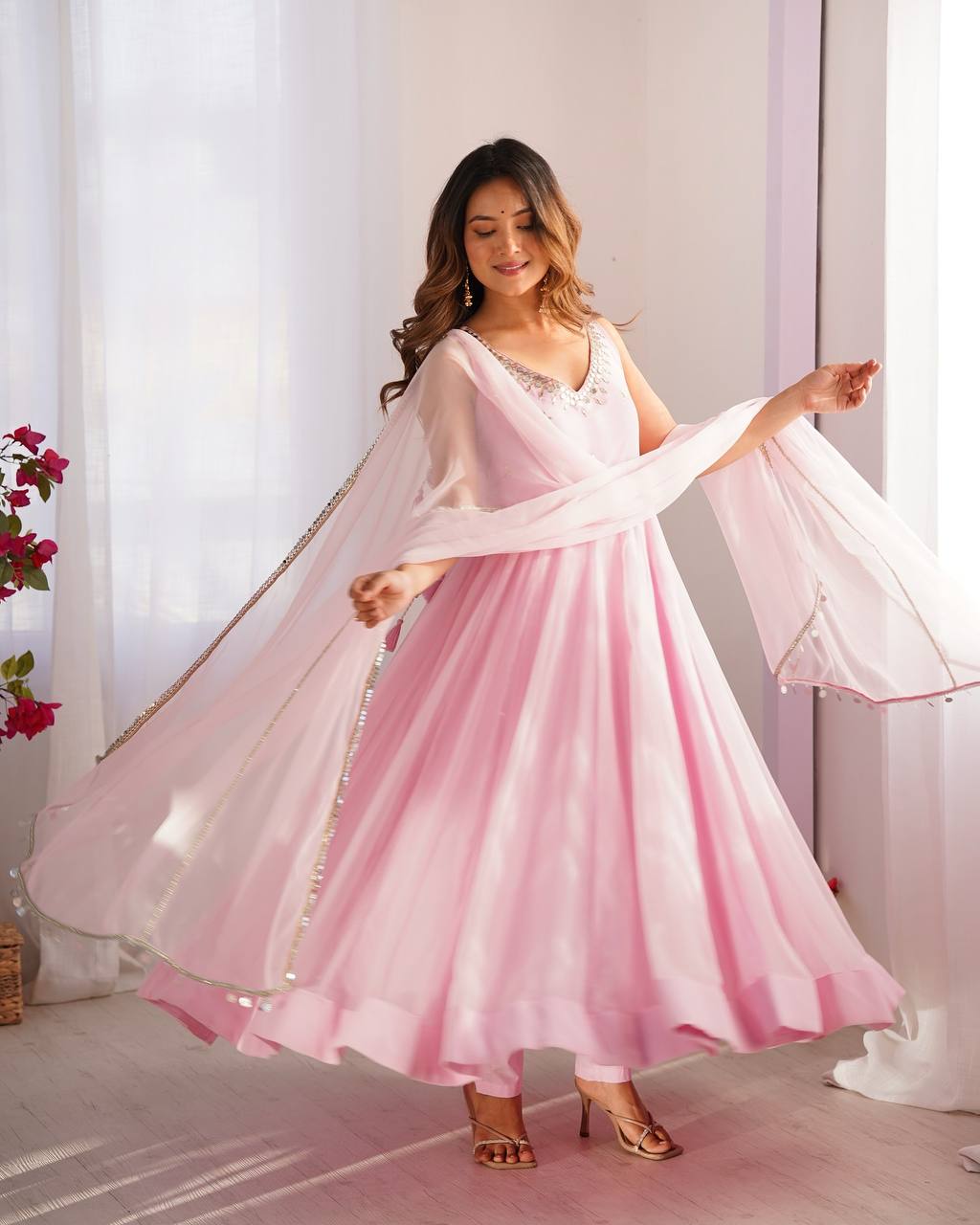 Baby Pink Color Georgette Three Piece Anarkali Suit