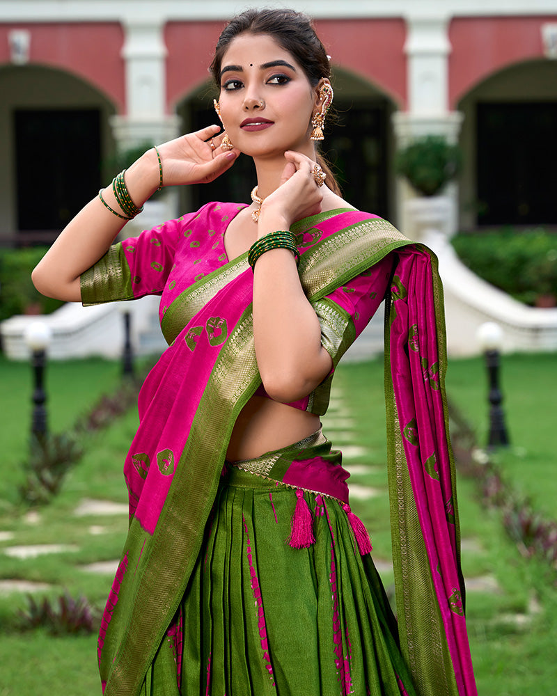 Pink Color Dola Silk Shibori Print South Indian Style Half Saree For Festival