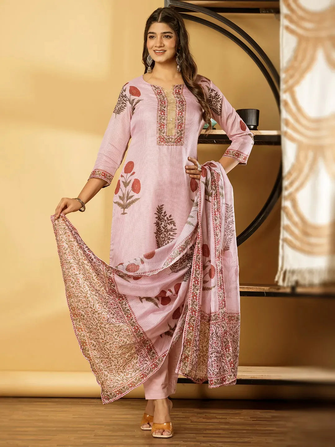 Pink Floral Printed Kota Doria Suit
