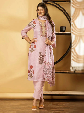 Pink Floral Printed Kota Doria Suit