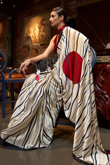 Pearl White Satin Print Saree