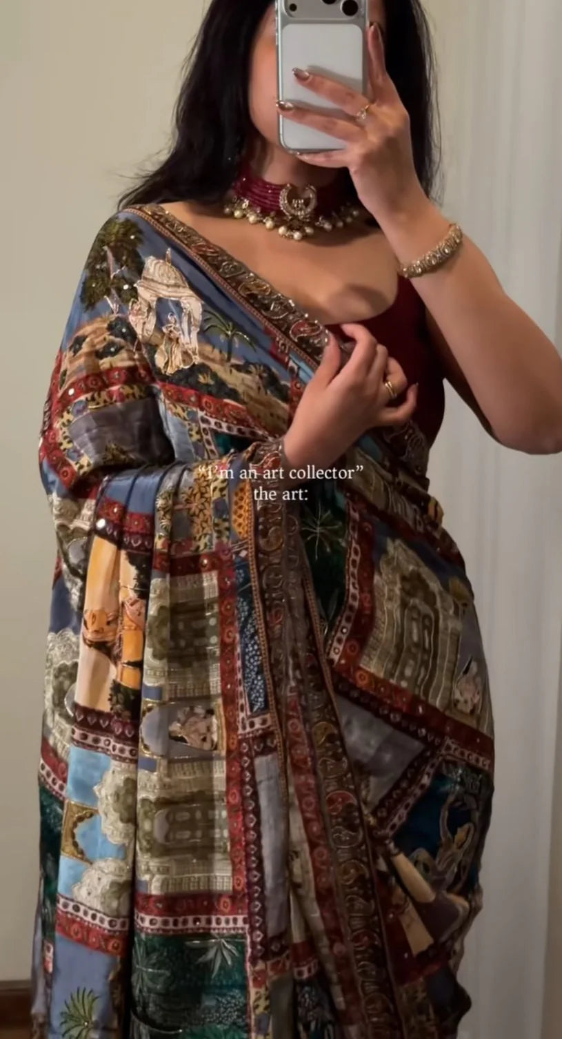 Karigari Edit: Hand-Detailed Bemberg Print Saree